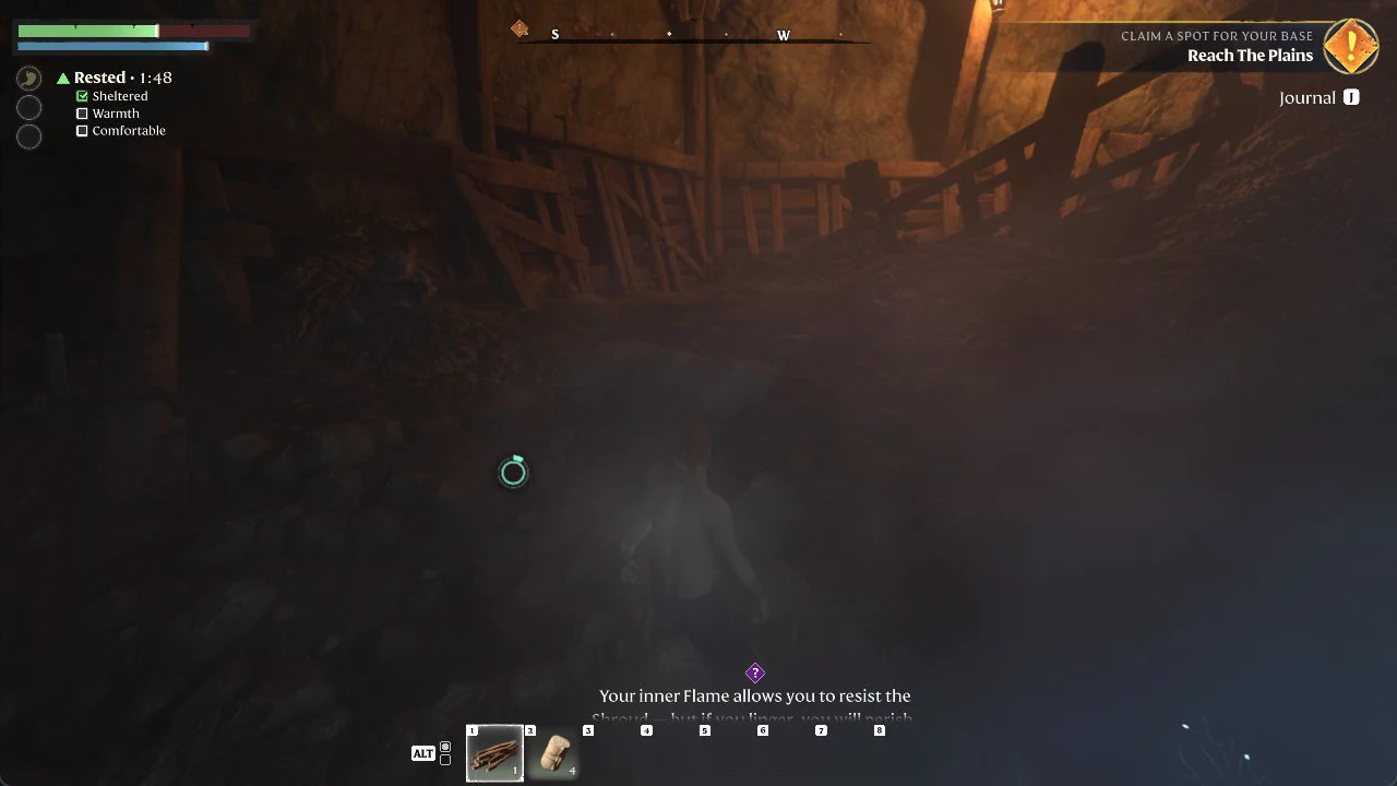 The Shroud hint on the misty pit floor below the sword ledge