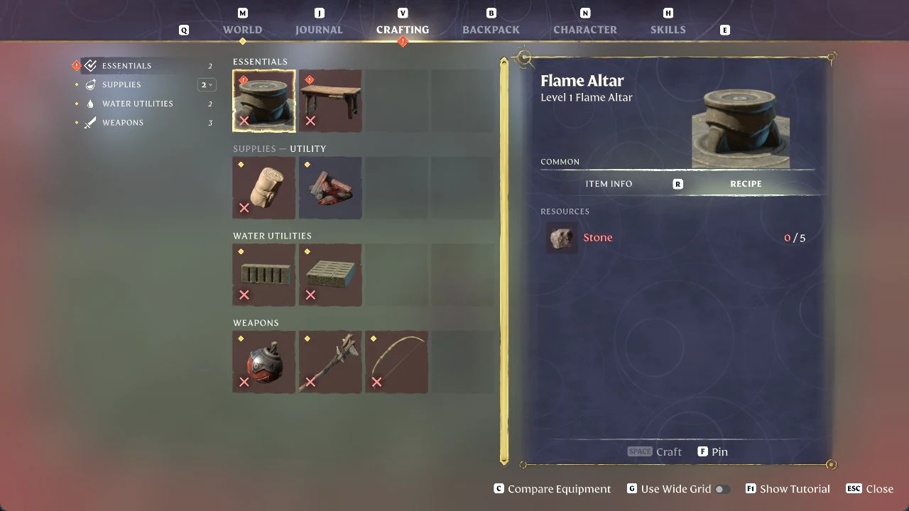 Flame Altar recipe in the Crafting menu needing Stone x5