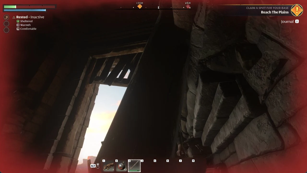Quest tracker showing Reach The Plains while looking up through a stone doorway toward daylight
