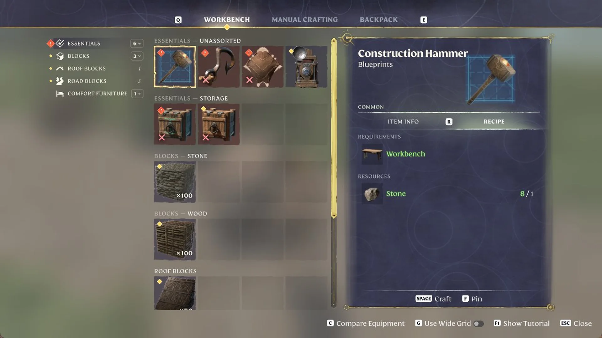 Workbench menu with the Construction Hammer selected under Essentials, needing a Workbench and 1 Stone