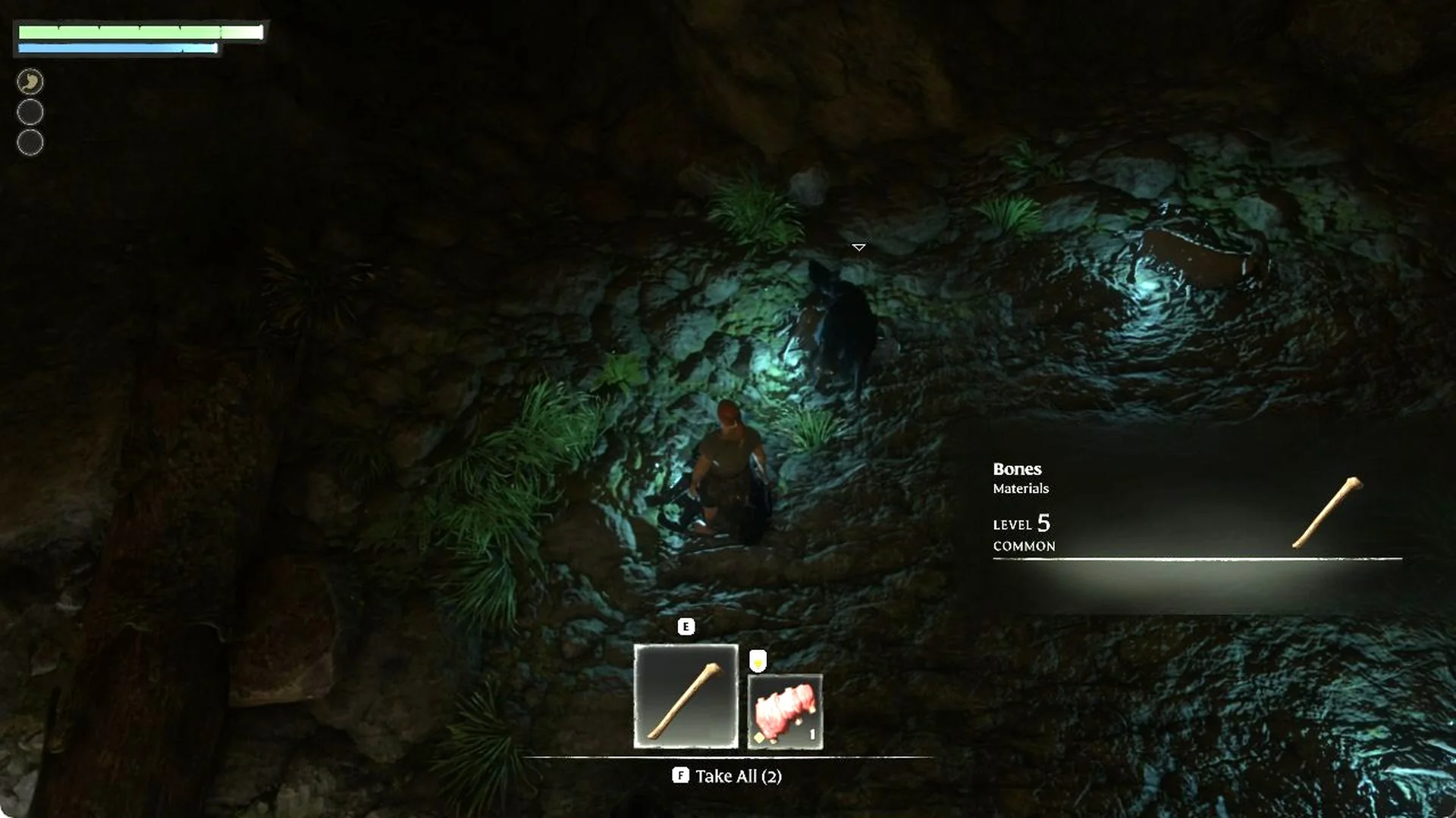 Loot window from a wolf in a cave showing Bones and Raw Wolf Meat with the F Take All prompt