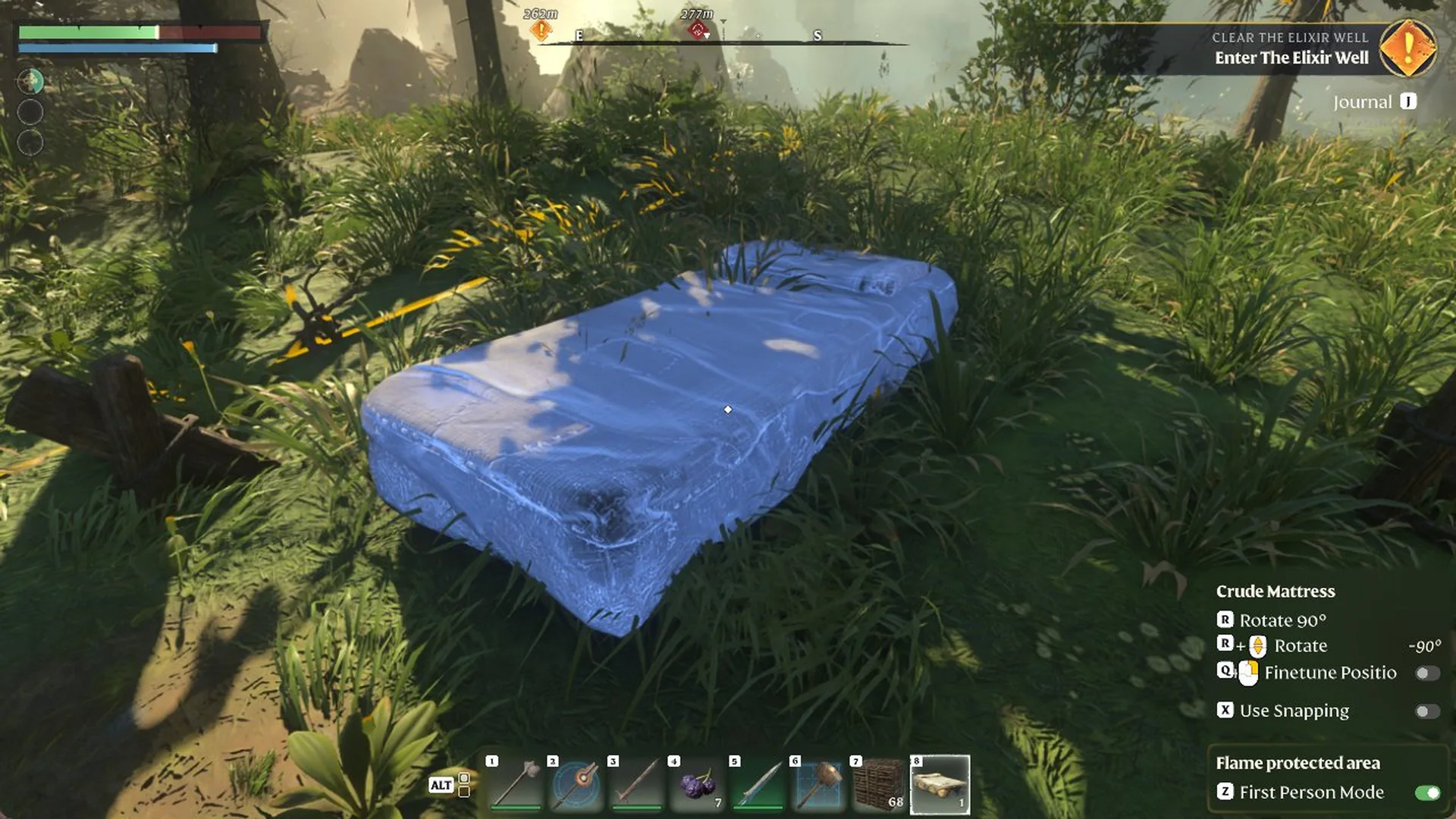 Blue Crude Mattress placement preview on open grass inside the base