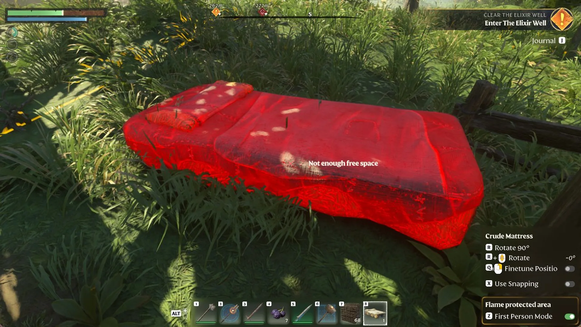 Red Crude Mattress placement preview with the Not enough free space message beside a fence