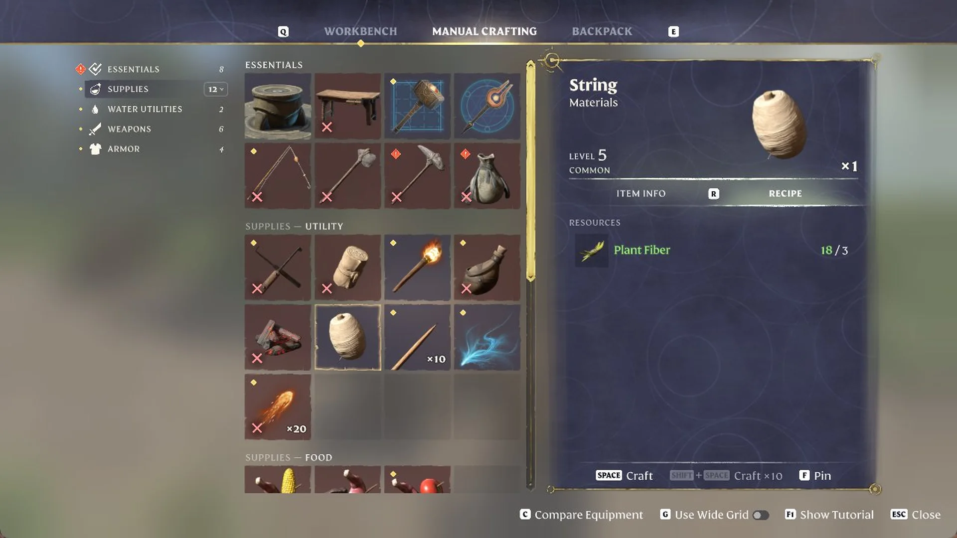 Manual Crafting tab with String selected under Supplies - Utility, recipe Plant Fiber 3