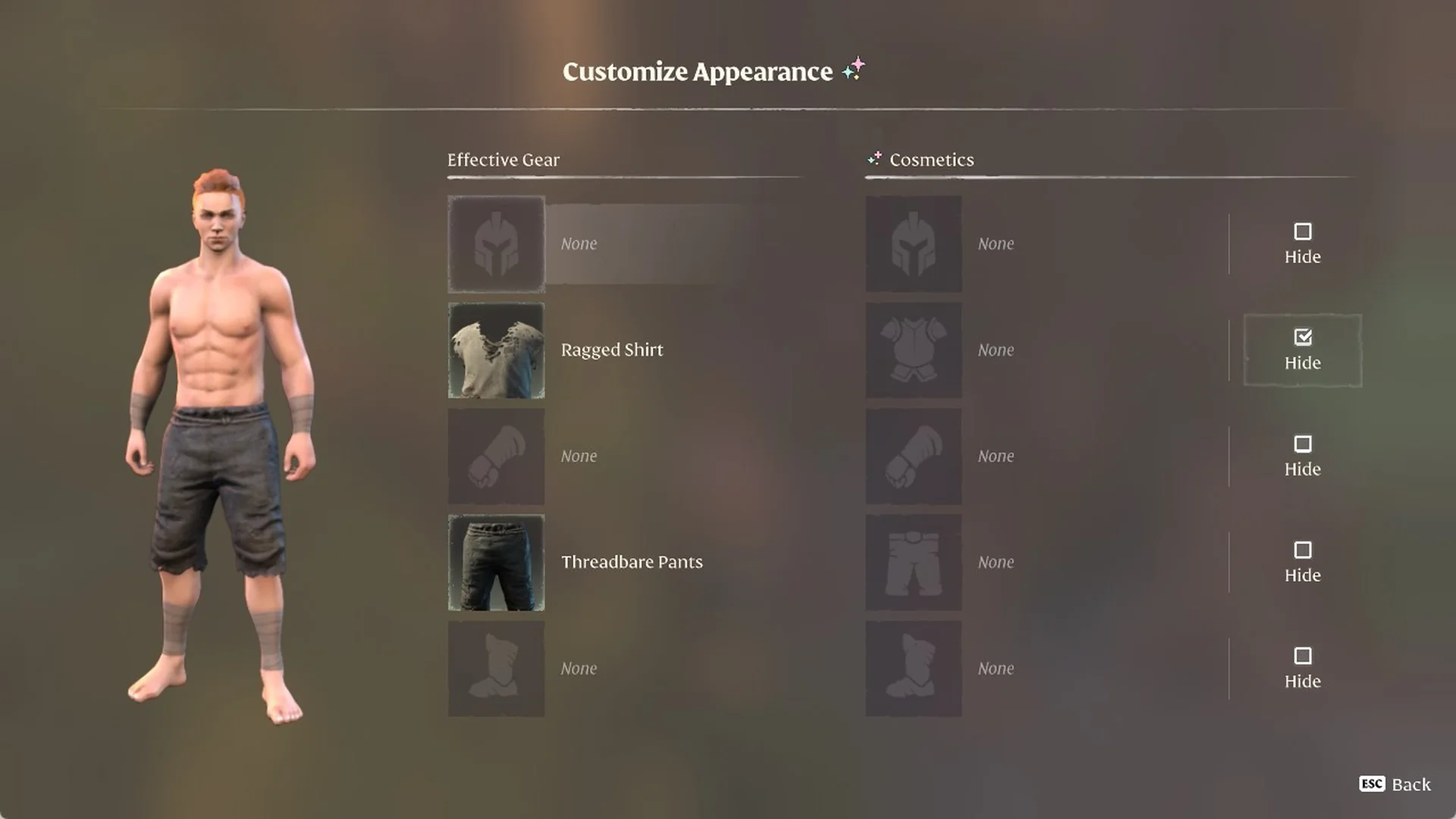 Enshrouded Customize Appearance screen with the chest row 'Hide' box ticked and shirt hidden