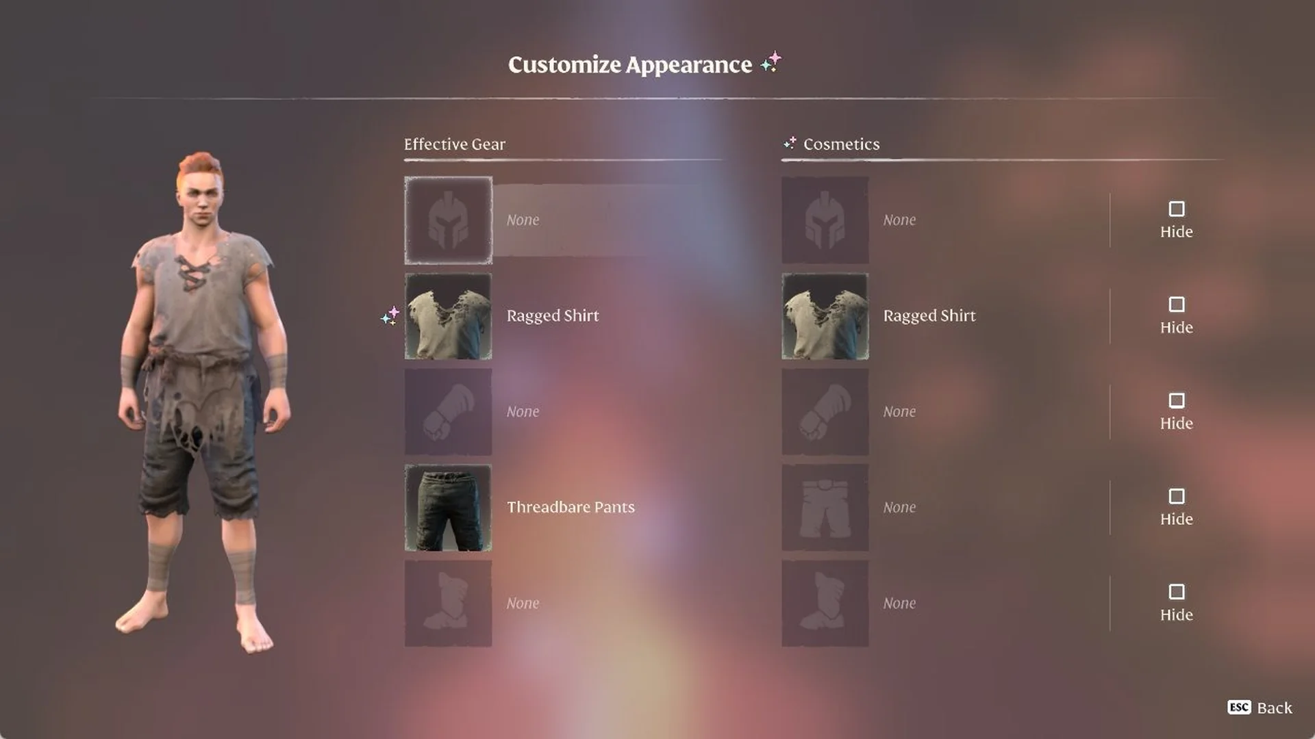 Enshrouded Customize Appearance screen with Ragged Shirt in the Cosmetics chest row and a sparkle mark beside the Effective Gear shirt