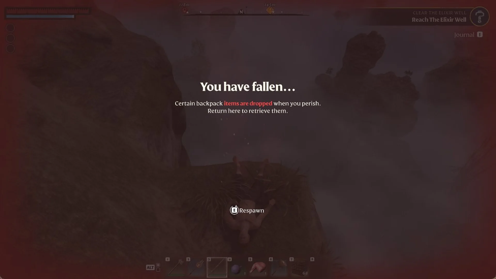 Enshrouded death screen reading You have fallen with the E Respawn prompt