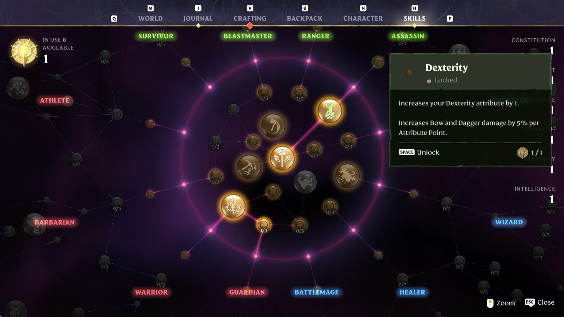 Dexterity skill node card shown as Locked next to the Assassin label
