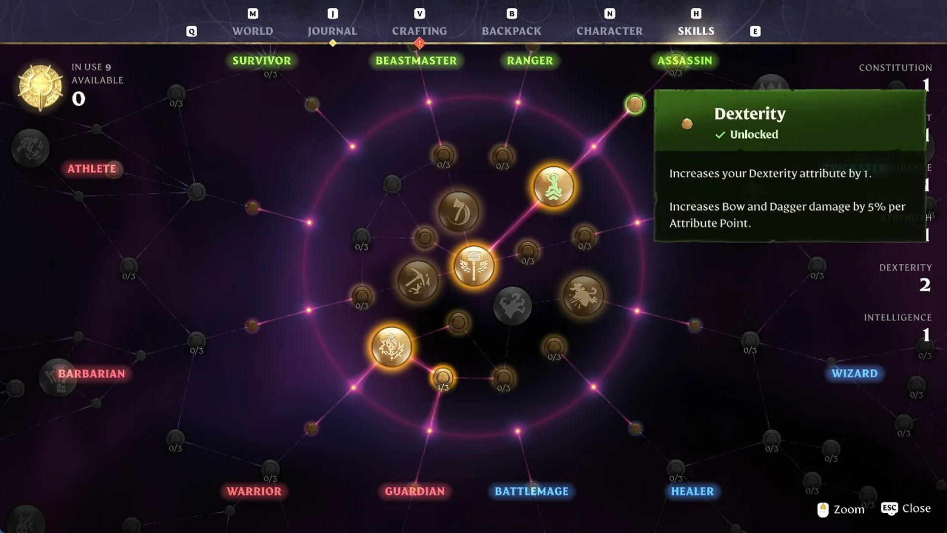 Dexterity skill node unlocked with Dexterity 2 on the attribute list