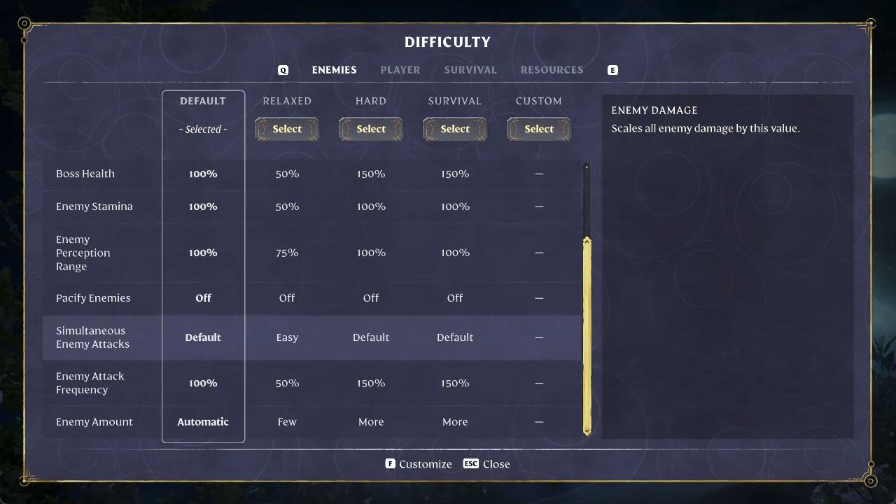 Enemies tab with Default selected and Simultaneous Enemy Attacks highlighted