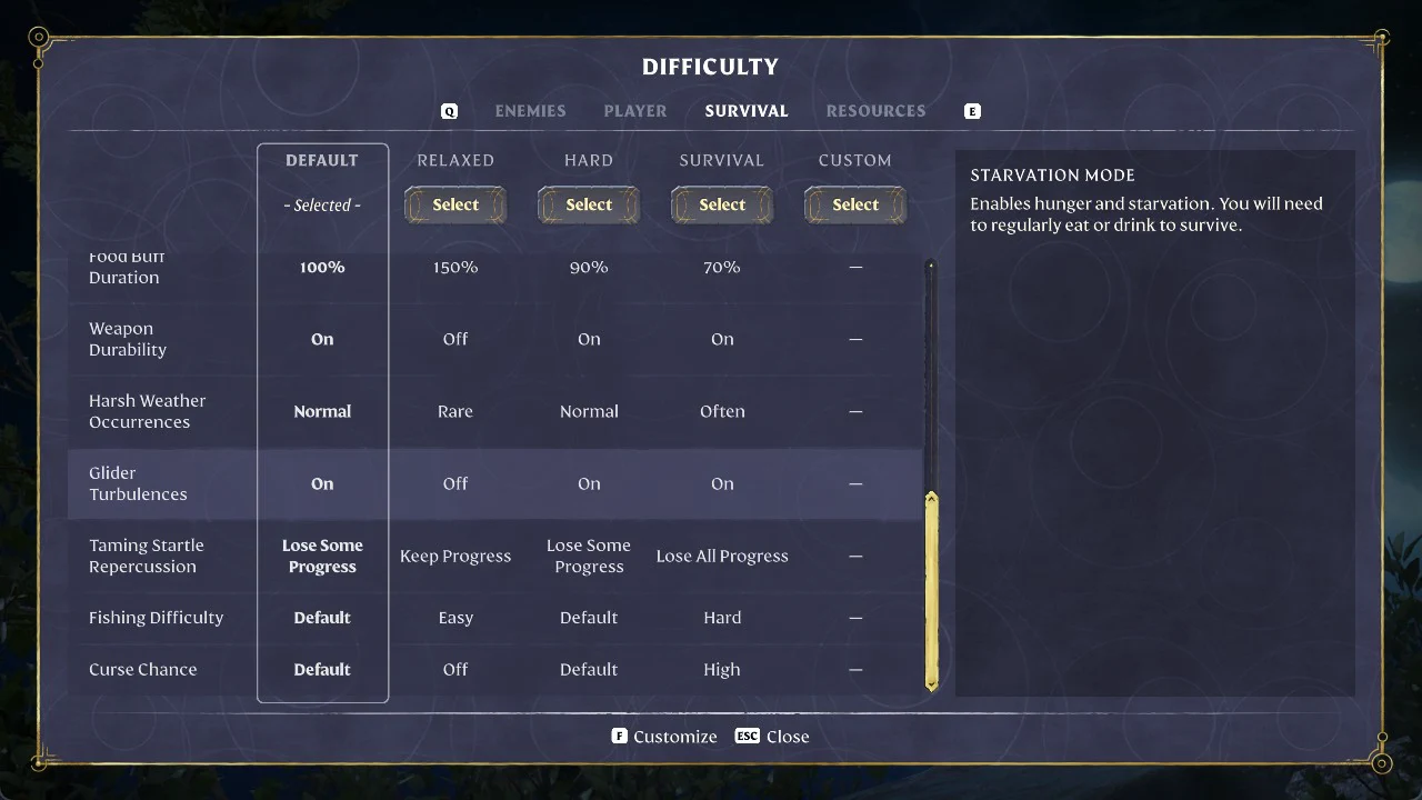 Survival tab scrolled to the Glider Turbulences setting with Default selected