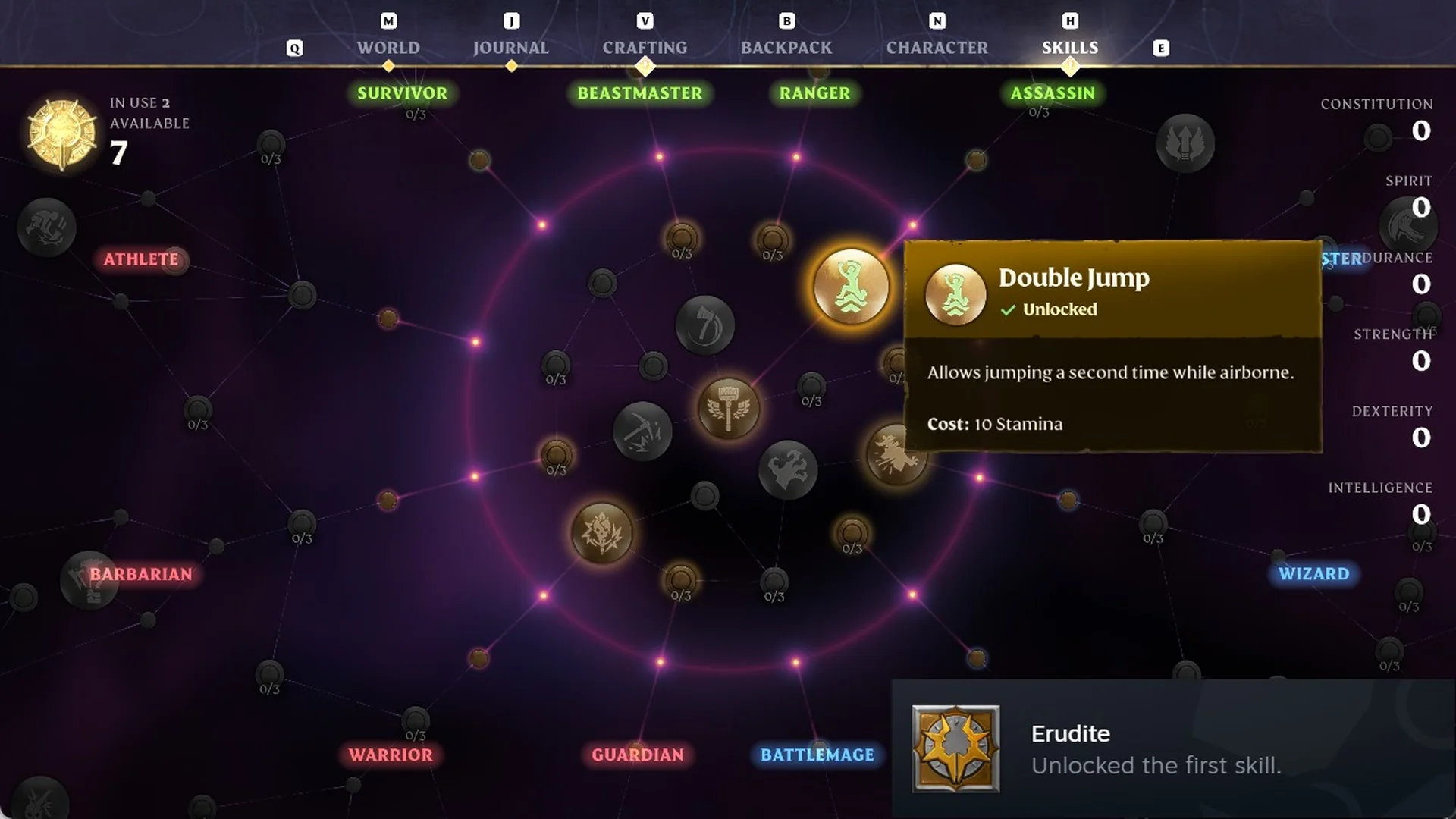 Double Jump skill card marked Unlocked on the Enshrouded Skills screen with the Erudite achievement pop-up