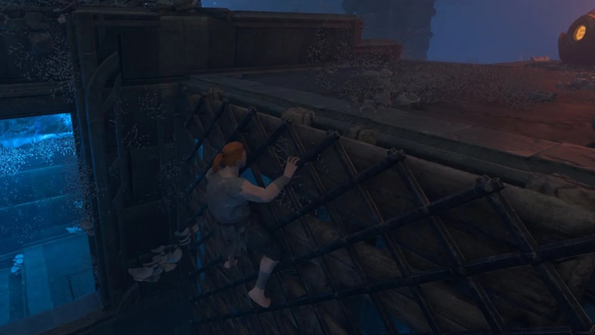 Character climbing down a metal grate on the wall below the Return Beacon platform in the Elixir Well