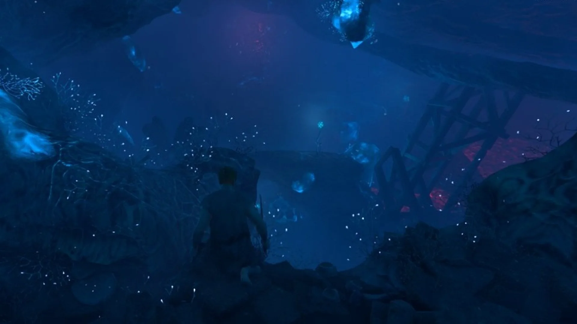 Character standing on a rock ledge above a dark cavern with a faint red glow in the Elixir Well