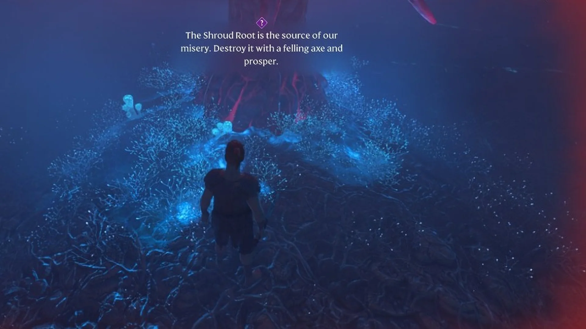 Character in front of the Shroud Root with the hint text about destroying it with a felling axe