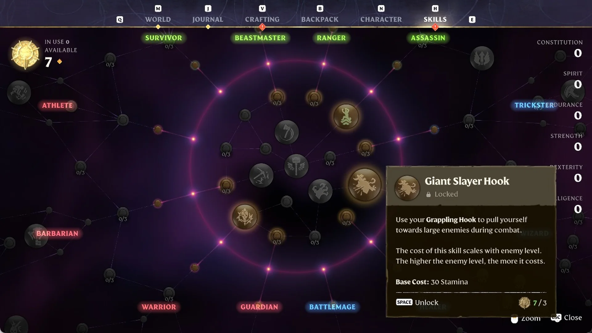Giant Slayer Hook skill card on the Enshrouded Skills screen, Locked, with Base Cost 30 Stamina and the SPACE Unlock prompt