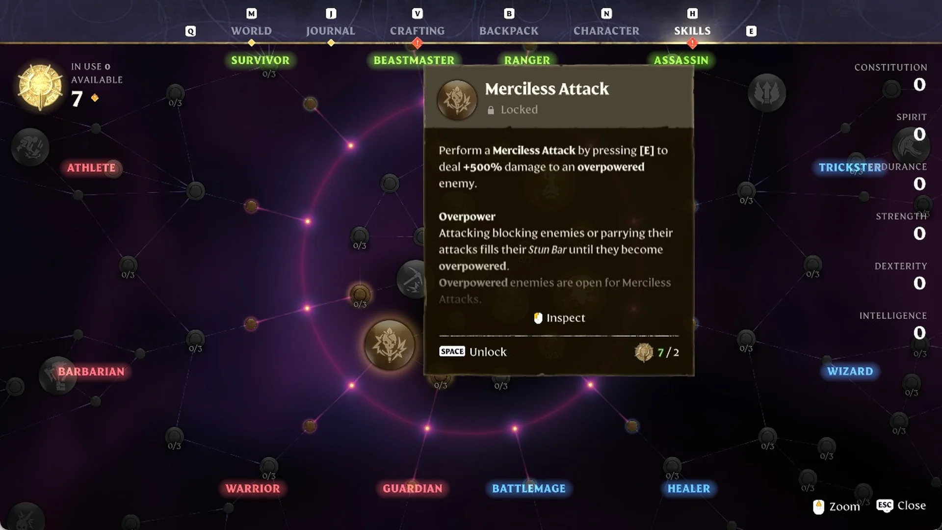 Merciless Attack skill card on the Enshrouded Skills screen, Locked, with its effect text and the SPACE Unlock prompt