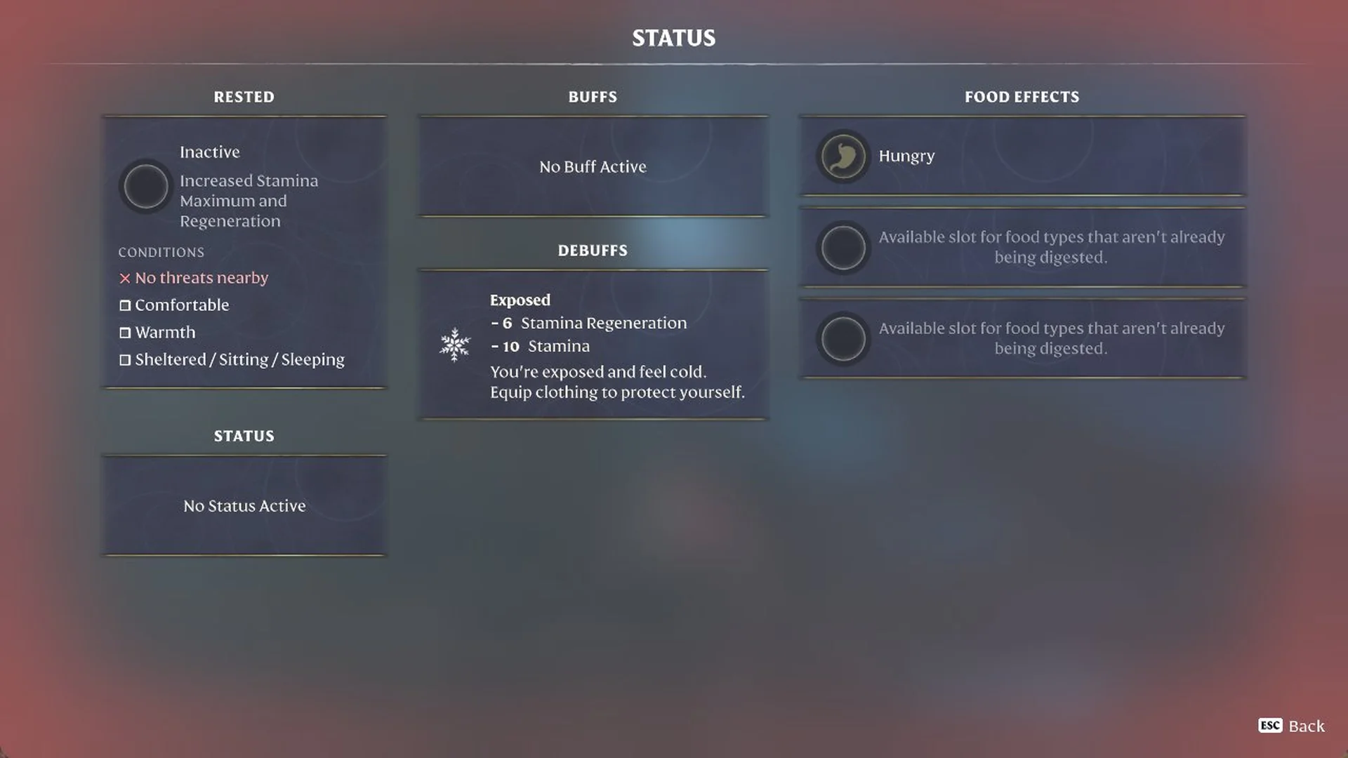 Enshrouded STATUS screen listing the Exposed debuff with -6 Stamina Regeneration and -10 Stamina