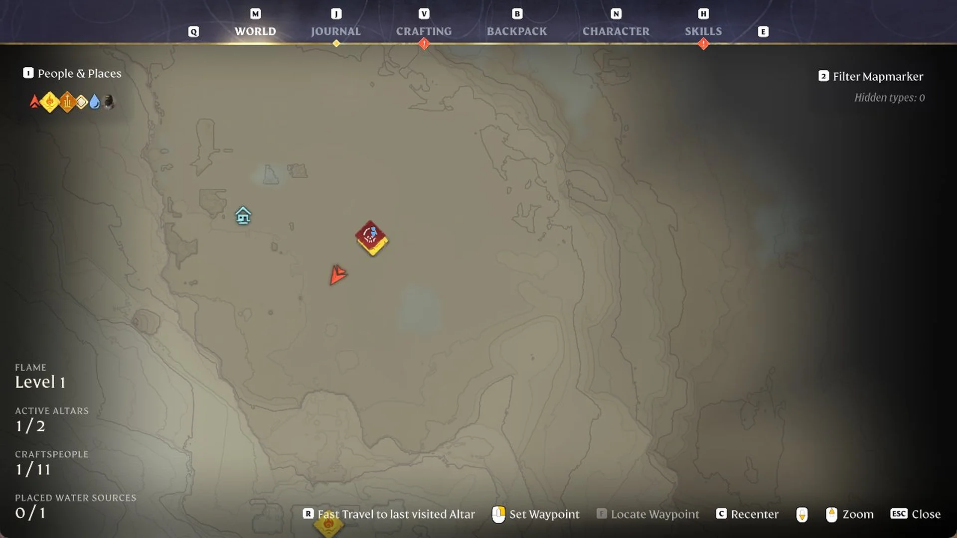 Enshrouded world map with Fast Travel to last visited Altar on R in the footer and Flame Level 1, Active Altars 1 / 2 on the left