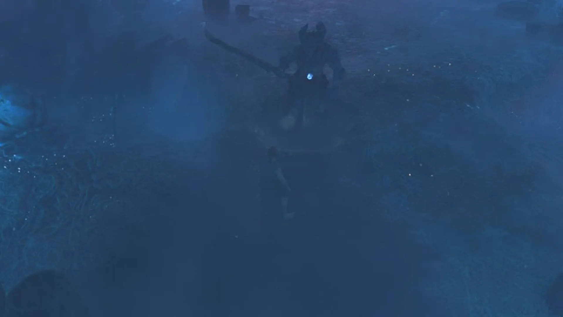 A Fell Thunderbrute standing over the player in the Shroud in Enshrouded