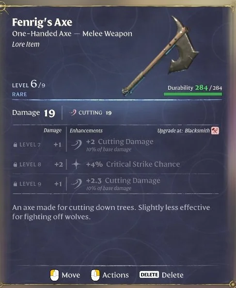 Enshrouded Fenrig's Axe item card at level 6 of 9 with locked enhancement perks