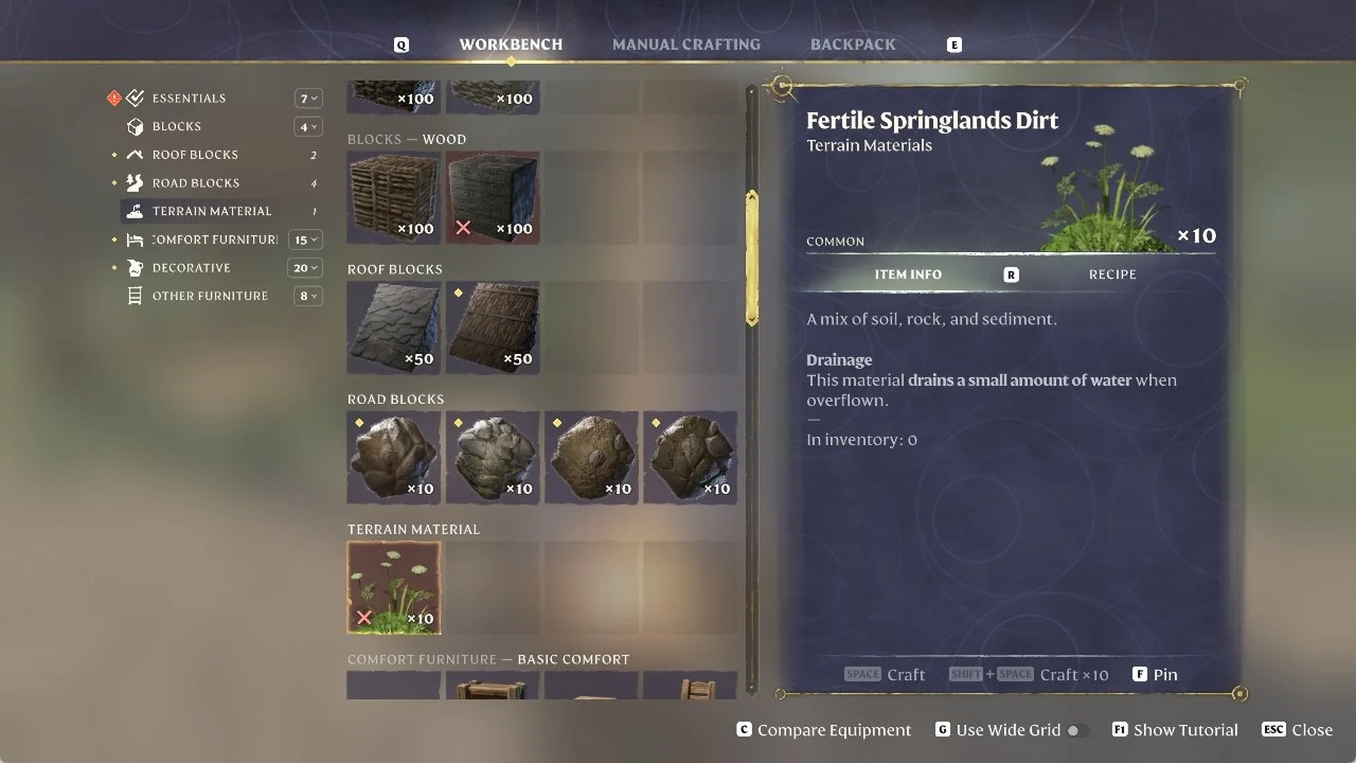 Enshrouded Workbench menu showing the Fertile Springlands Dirt card on the ITEM INFO tab with its drainage description.
