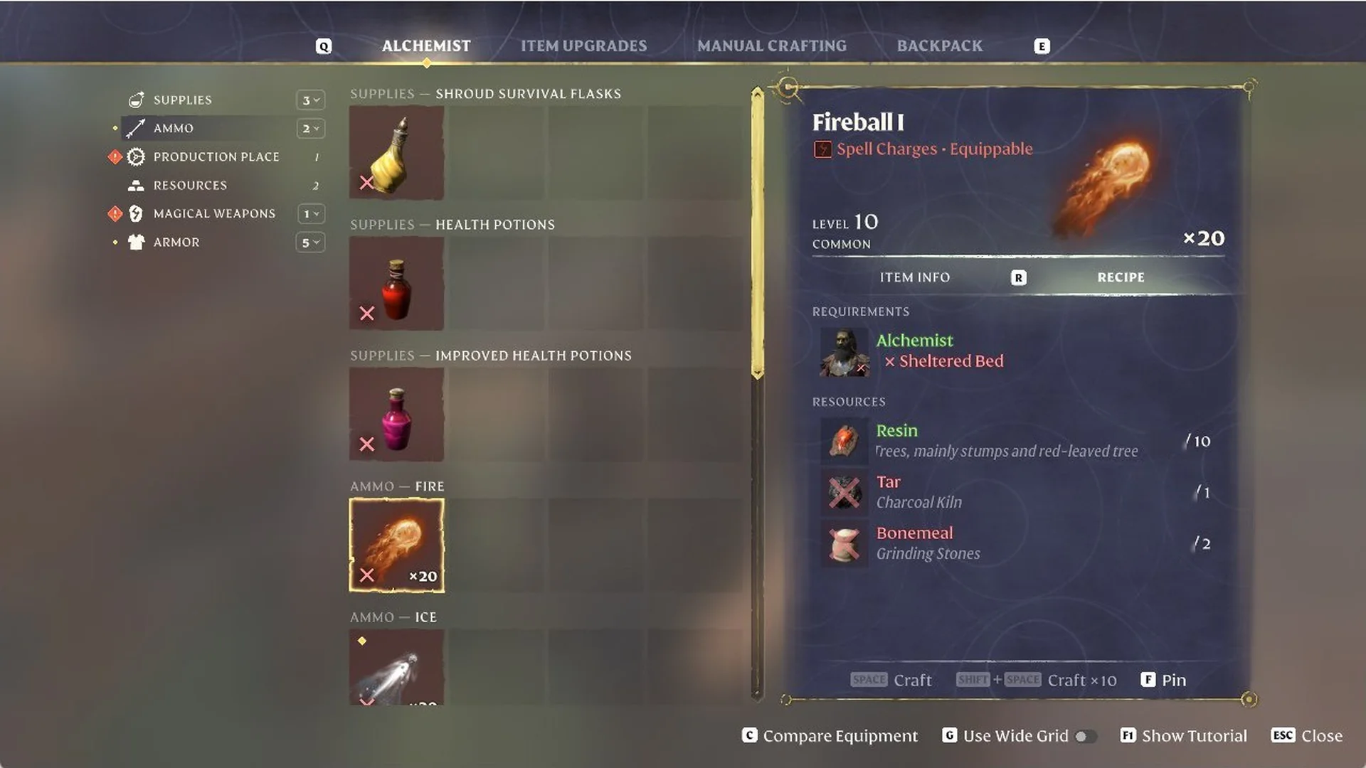 Fireball I spell charges recipe card at the Alchemist in Enshrouded