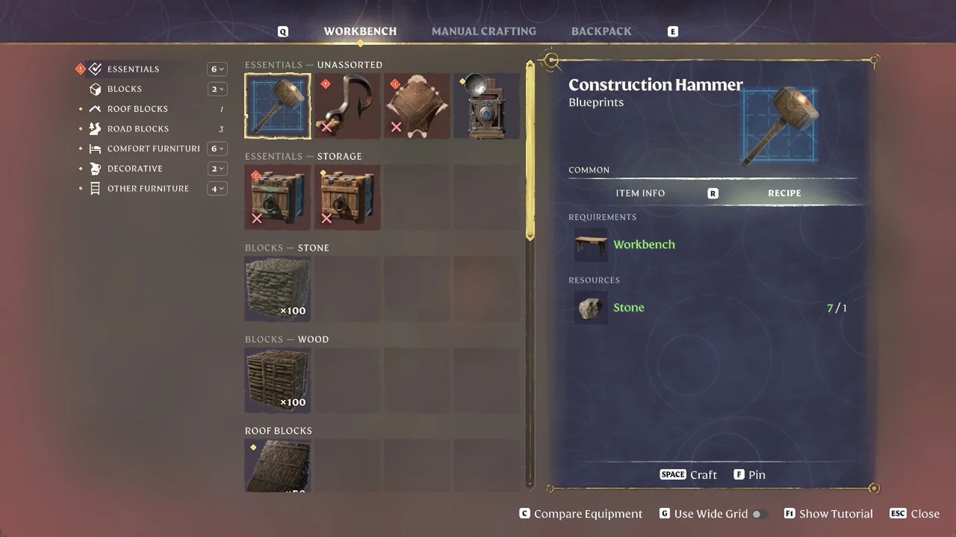 Enshrouded Workbench tab open with the Essentials, Blocks, Comfort Furniture and Other Furniture categories on the left