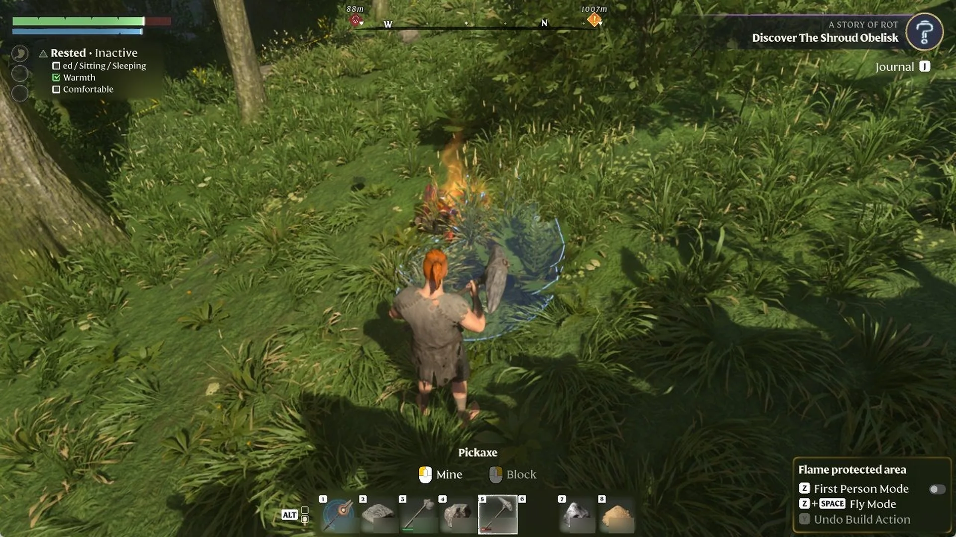 Enshrouded third-person view by a campfire in a sunny forest holding the 'Pickaxe'