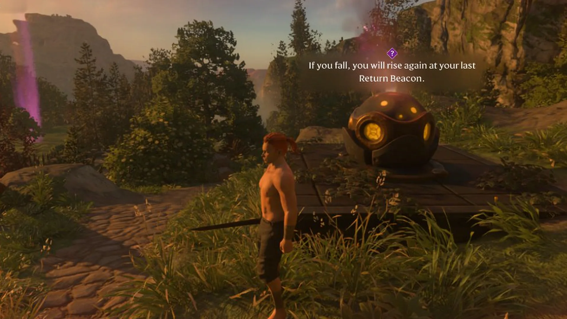 The first Return Beacon on a grassy ledge with the hint If you fall, you will rise again at your last Return Beacon