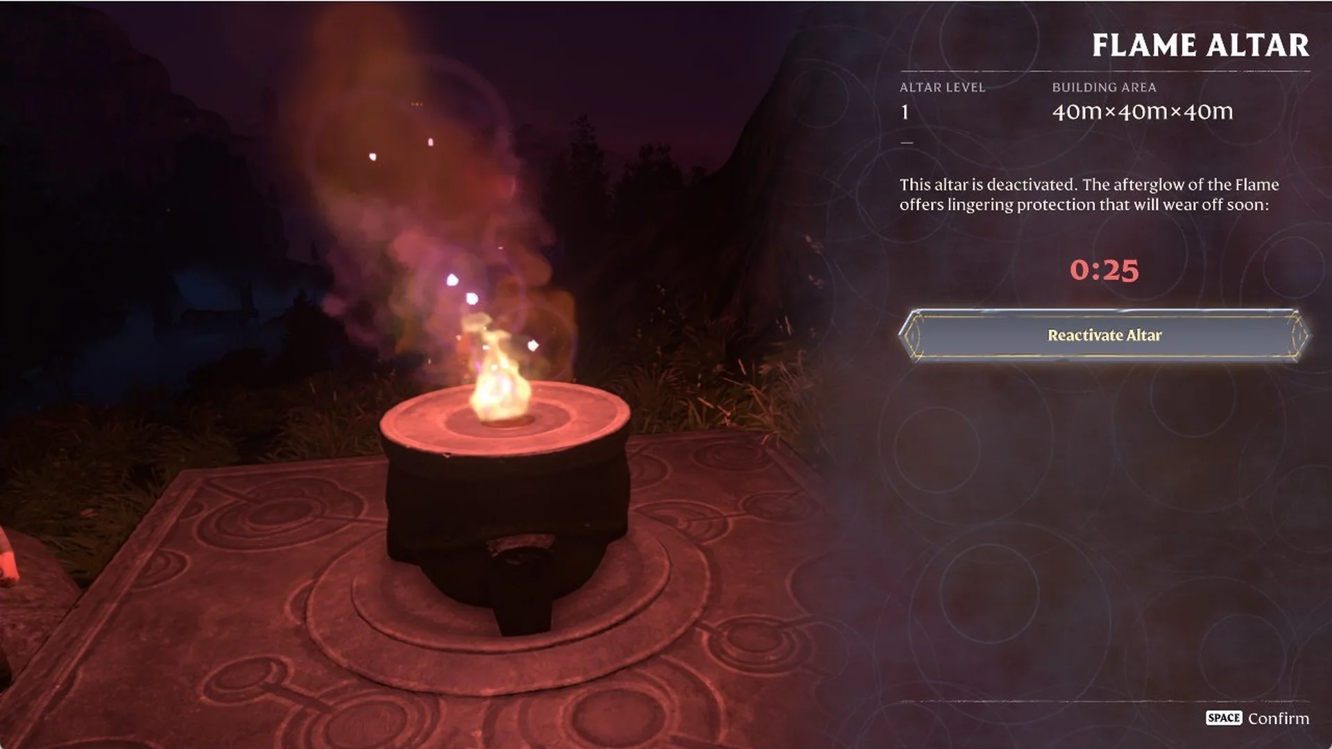 Enshrouded Flame Altar menu after deactivating, with the afterglow countdown and a Reactivate Altar button