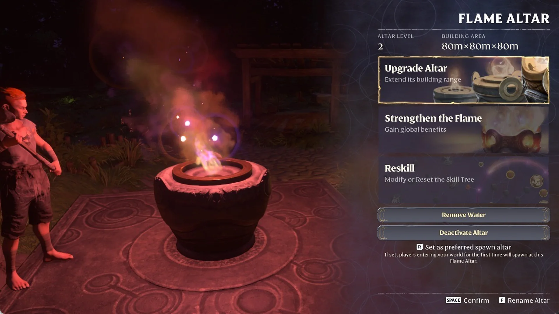Flame Altar menu in Enshrouded at Altar Level 2 with an 80m x 80m x 80m building area and the new carved bowl