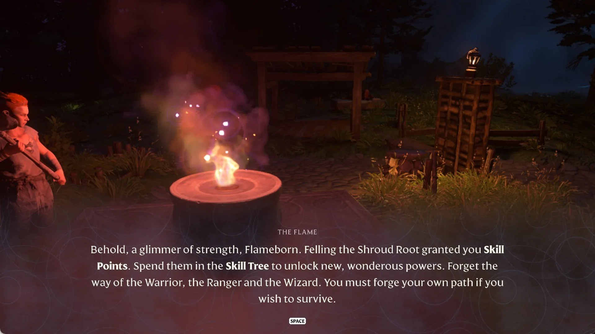 The Flame speaking at the Flame Altar in Enshrouded about the Skill Points granted for felling the Shroud Root