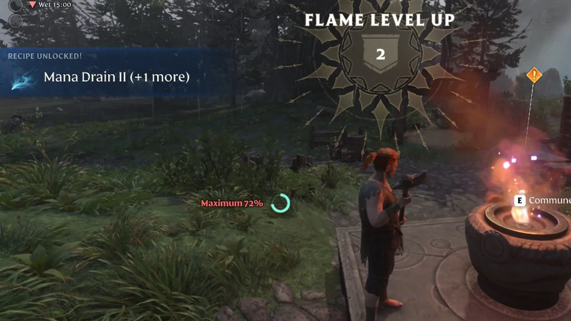 Flame Level Up 2 with the Recipe Unlocked notice for Mana Drain II in Enshrouded 1.0