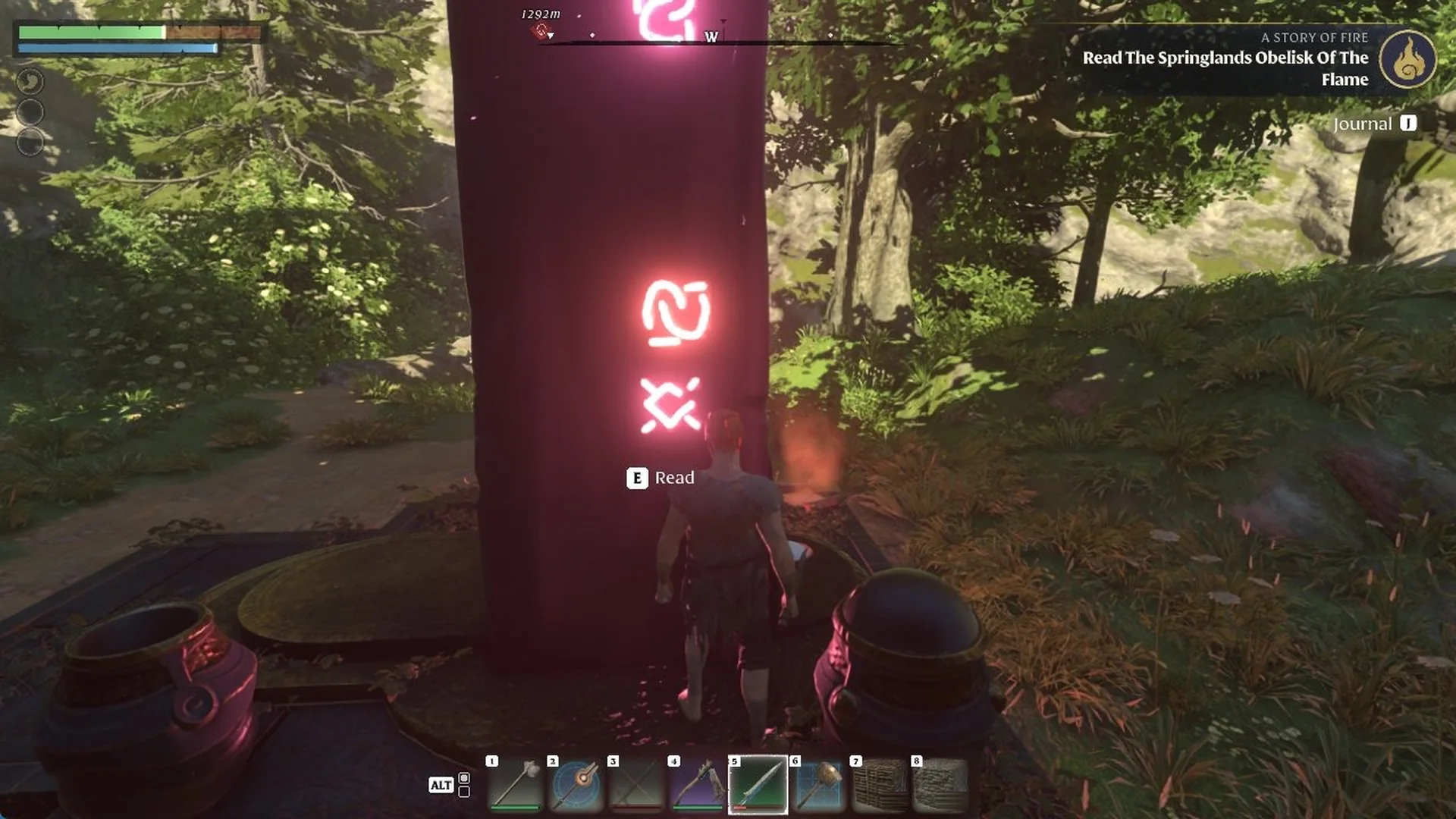 The E Read prompt at the Springlands Obelisk of the Flame in Enshrouded