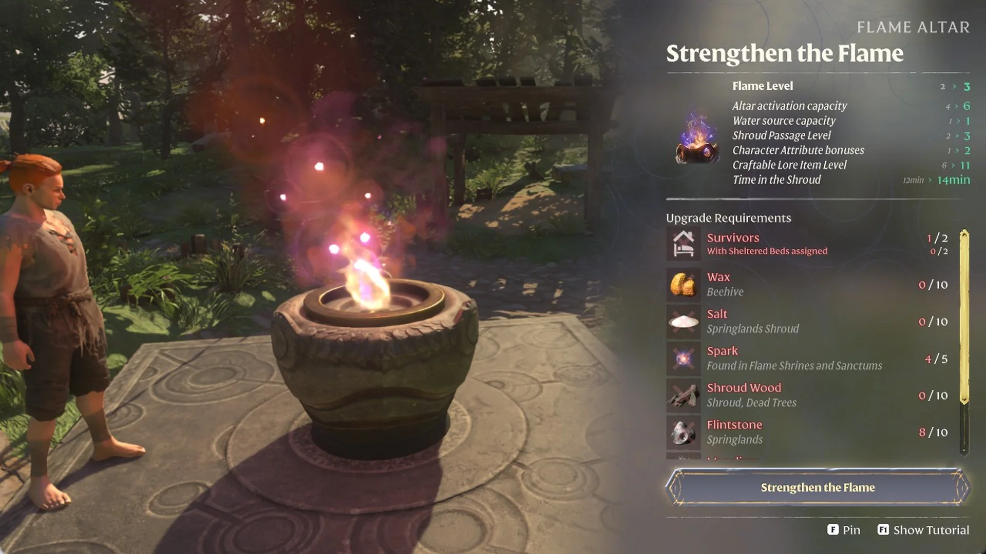 Enshrouded Strengthen the Flame screen listing upgrade materials, each with its source line under the name such as Wax Beehive and Salt Springlands Shroud