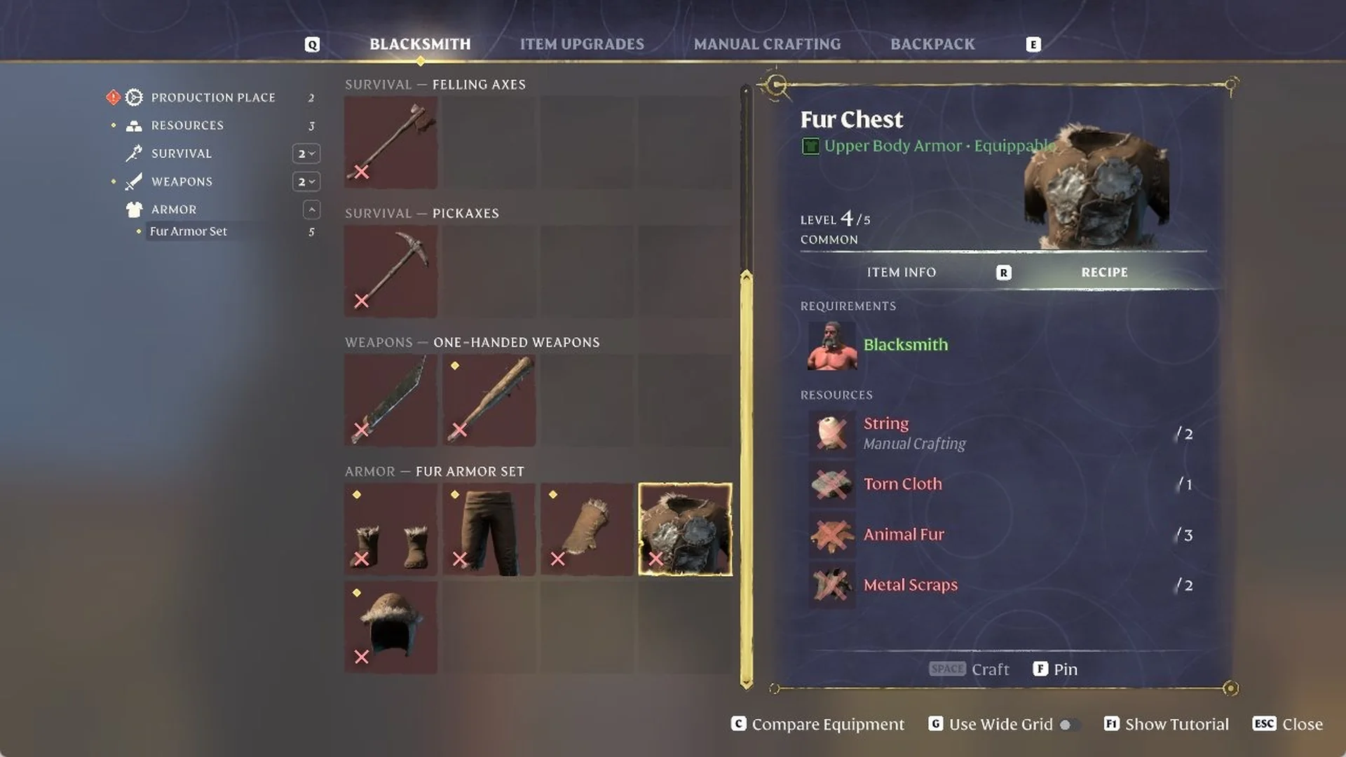 Enshrouded Fur Chest recipe card under 'Armor - Fur Armor Set' at the Blacksmith