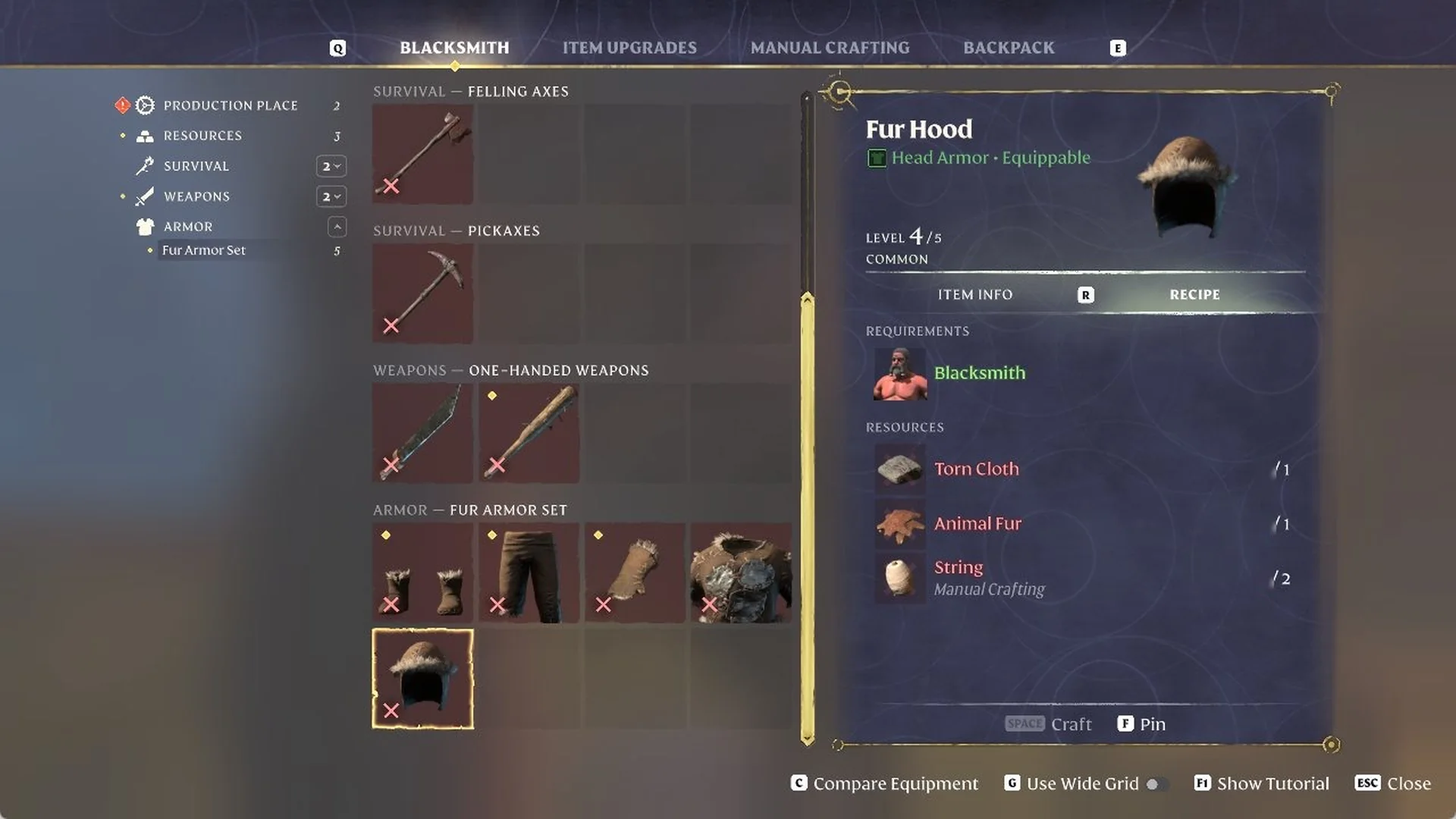 Enshrouded Fur Hood recipe card under 'Armor - Fur Armor Set' at the Blacksmith