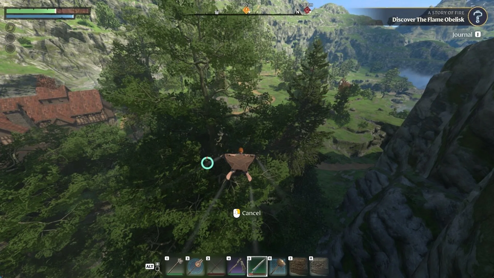 Gliding down from the ridge into the forested valley toward the Flame Obelisk in Enshrouded