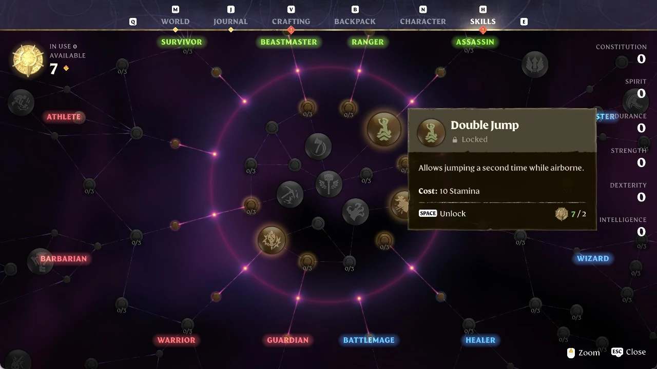 Double Jump skill card on the Enshrouded Skills screen, Locked, with Cost 10 Stamina and the SPACE Unlock prompt