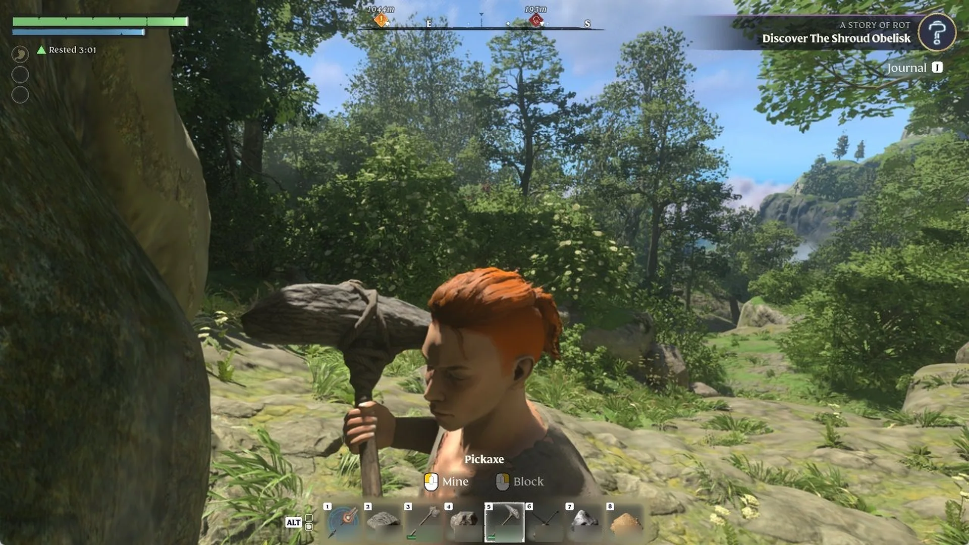 Enshrouded HUD action bar at the bottom showing tools and blocks, with the Pickaxe selected and an ALT icon on the left