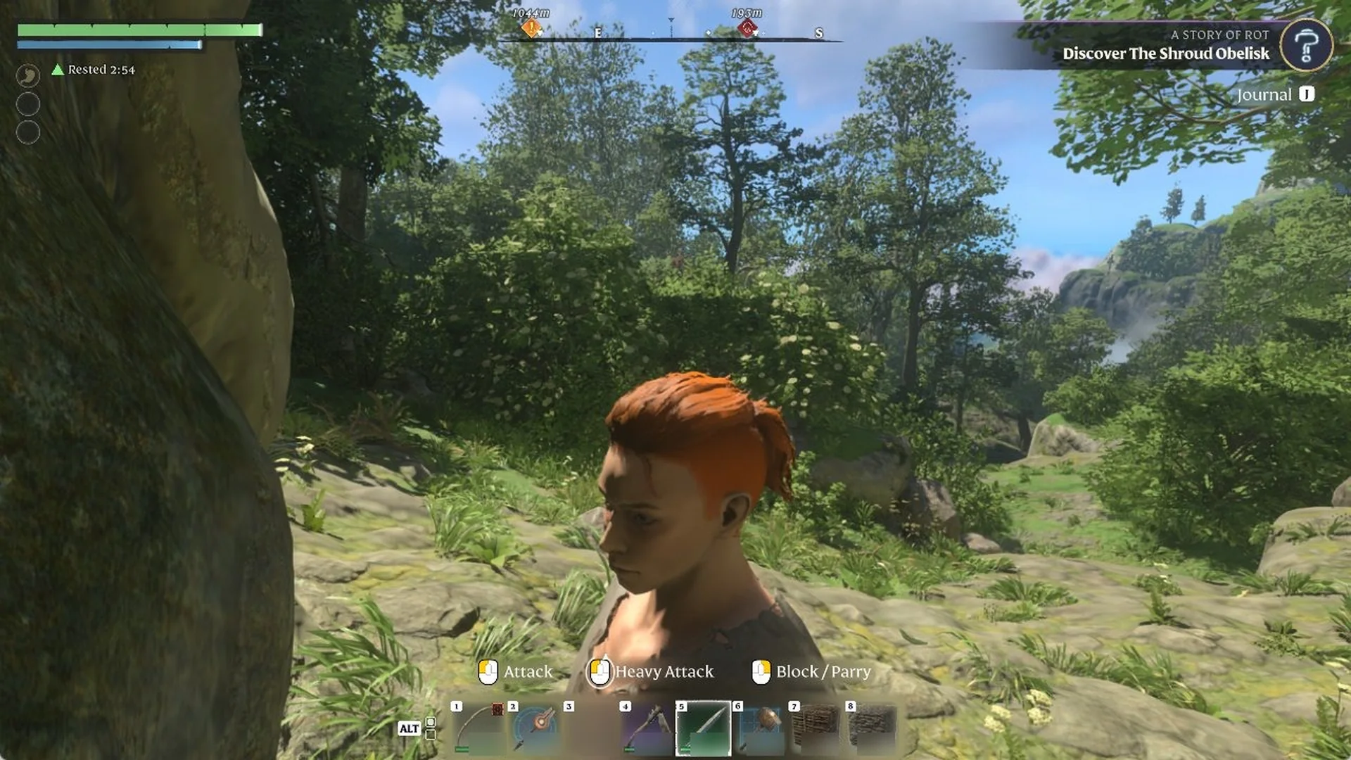 Enshrouded HUD showing the second bar after tapping ALT, with bow, staff, empty slot 3, axe, selected sword, hammer and block stacks