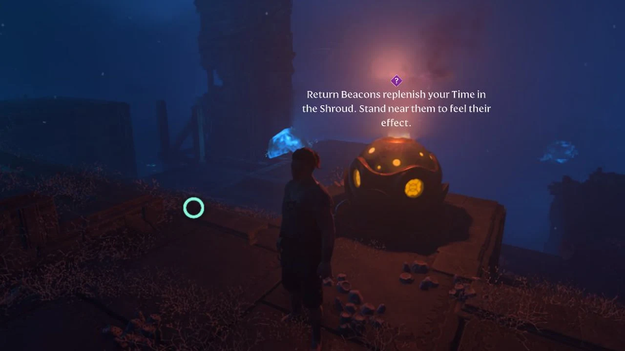 Dark, blue-tinged Shroud scene with a player standing next to a glowing Return Beacon and a tutorial tip above.
