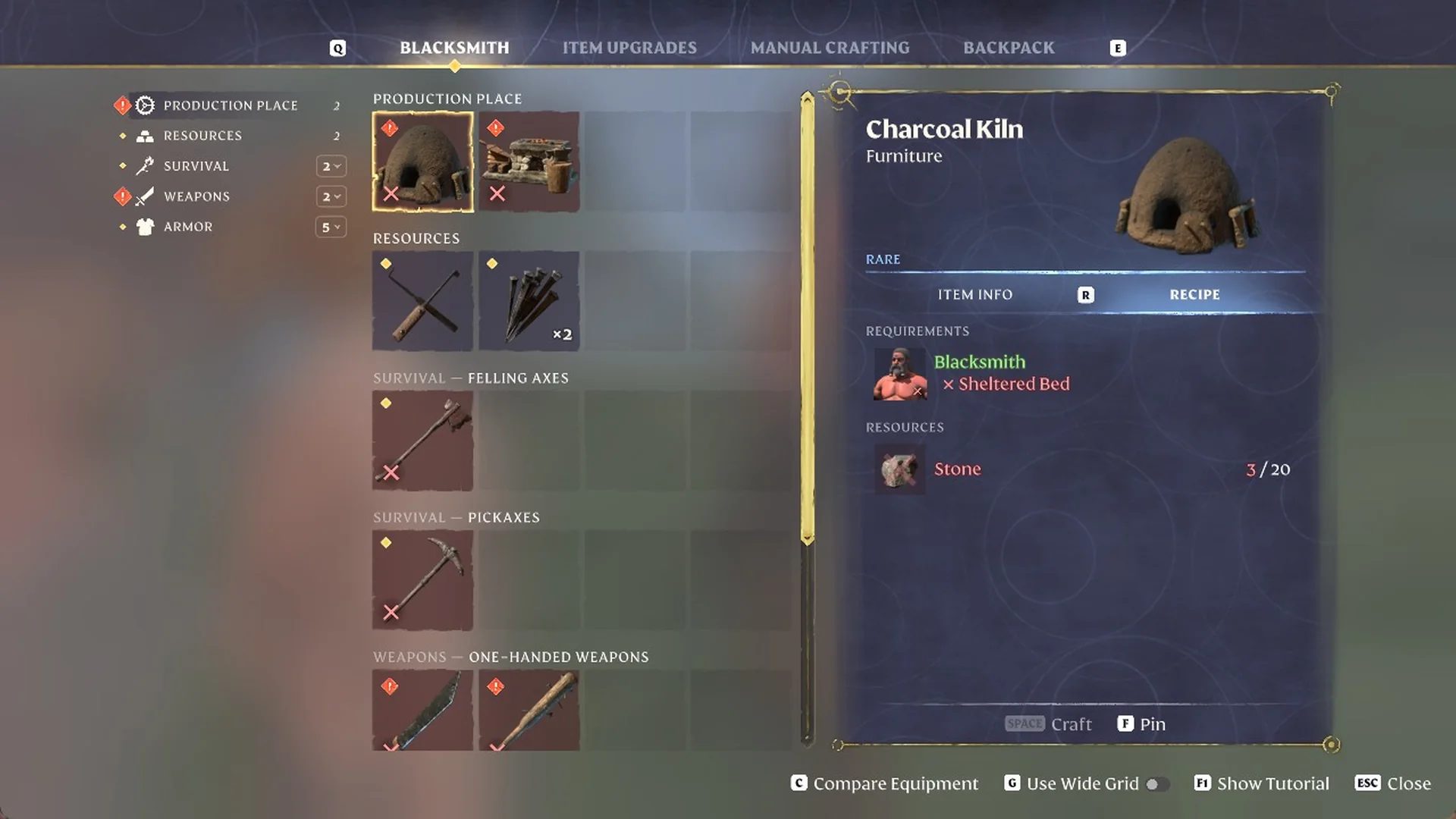 The Blacksmith tab in Enshrouded with the Charcoal Kiln recipe: 20 Stone, requirements Blacksmith and Sheltered Bed