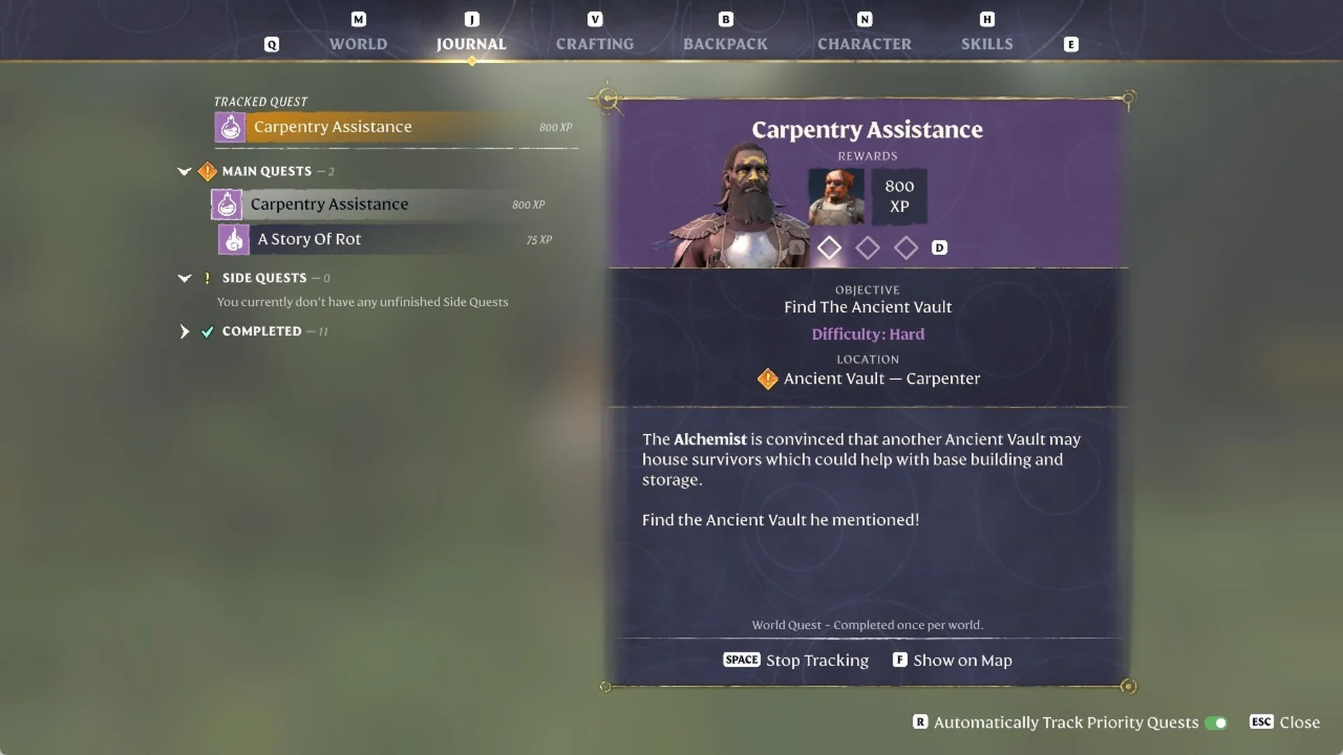 Enshrouded Journal quest list showing Carpentry Assistance under TRACKED QUEST with 'SPACE Stop Tracking' footer