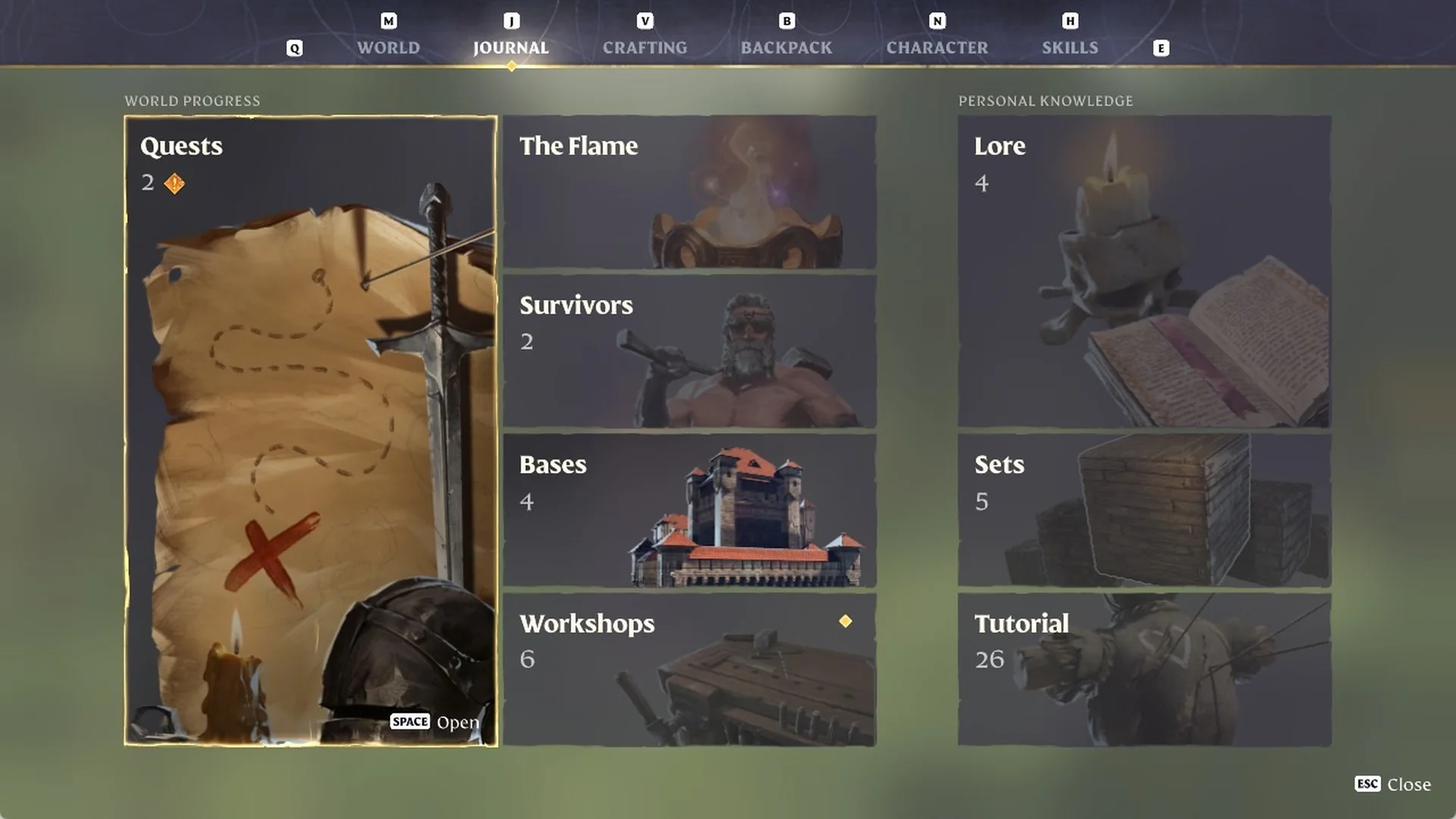 Enshrouded Journal home page listing Quests, The Flame, Survivors, Bases, Workshops, Lore, Sets and Tutorial