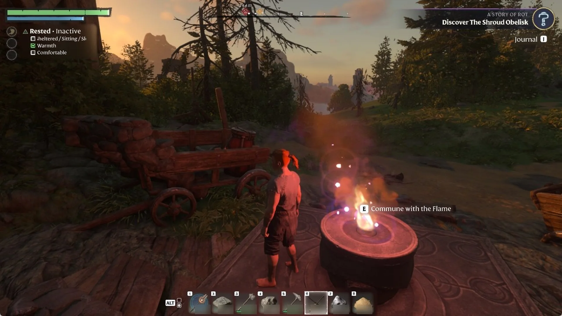 Player at a Flame Altar at sunset with a Lockpick selected in action bar slot 6 and no drop prompt