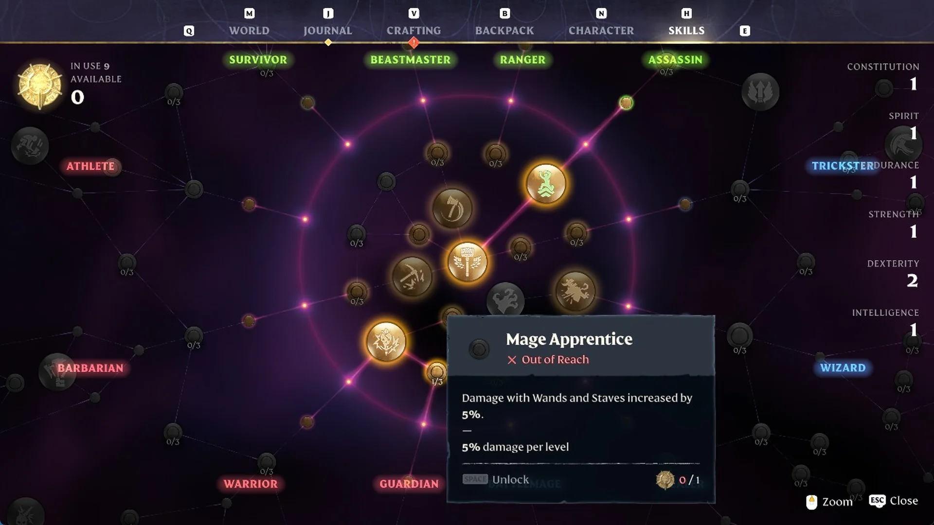 Mage Apprentice skill card on the Mage side of the Enshrouded Skills screen