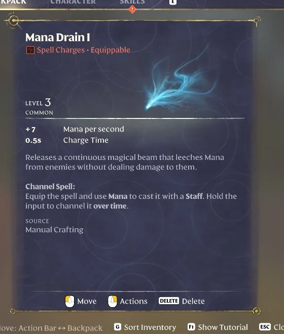 Enshrouded Mana Drain I item card with +7 Mana per second and 0.5s Charge Time