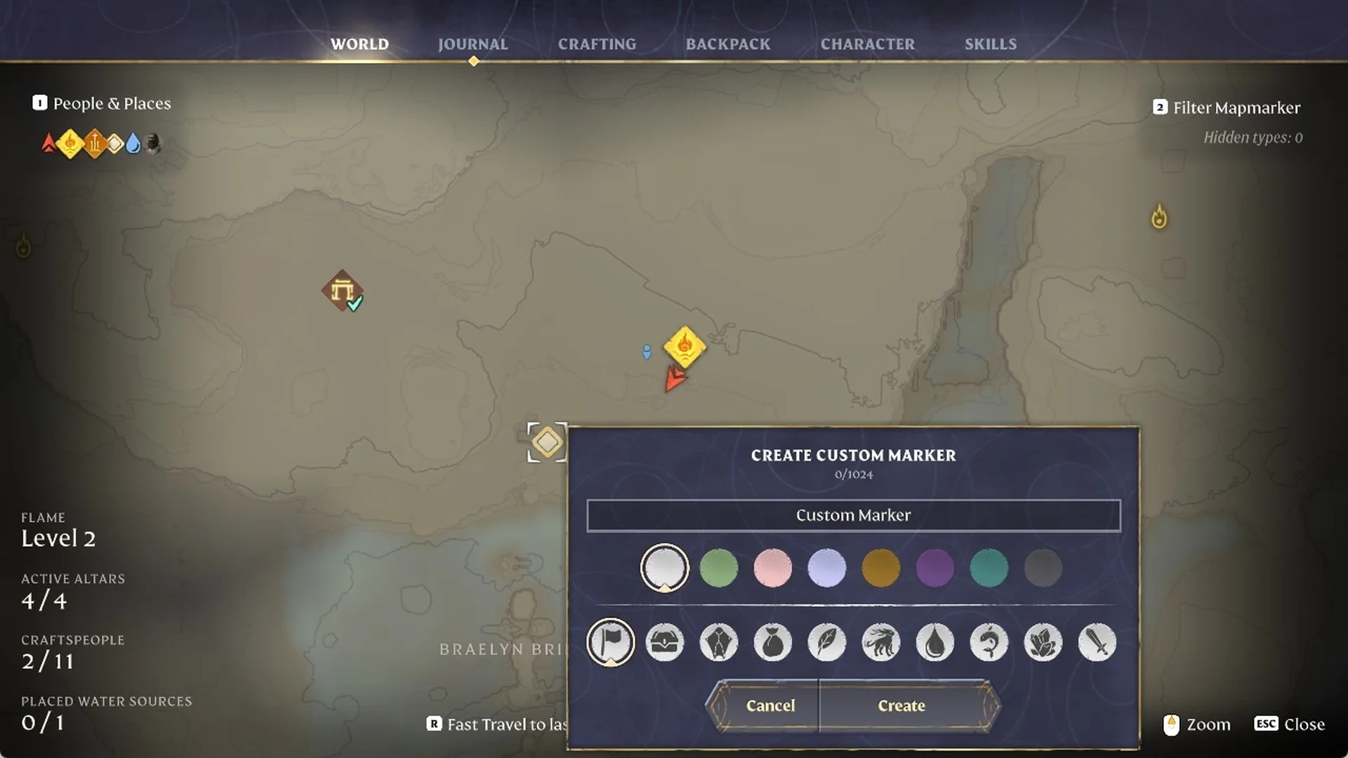 Enshrouded 'CREATE CUSTOM MARKER' panel with name field, eight colours, ten icons, and Cancel and Create buttons